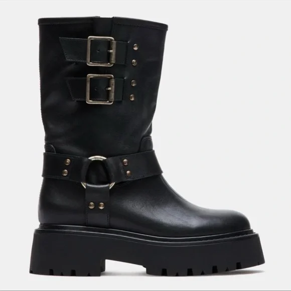Steve Madden Reika Black Leather Buckle Hardware Motorcycle Combat Boots Goth - Picture 1 of 8